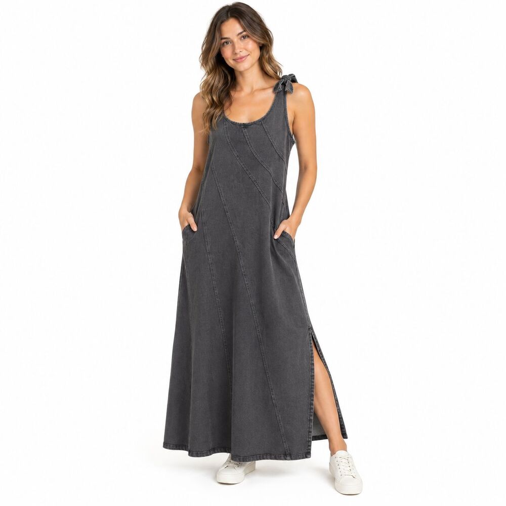Baevely Womens M Charcoal Denim Maxi Dress Side Slits Sleeveless Boho